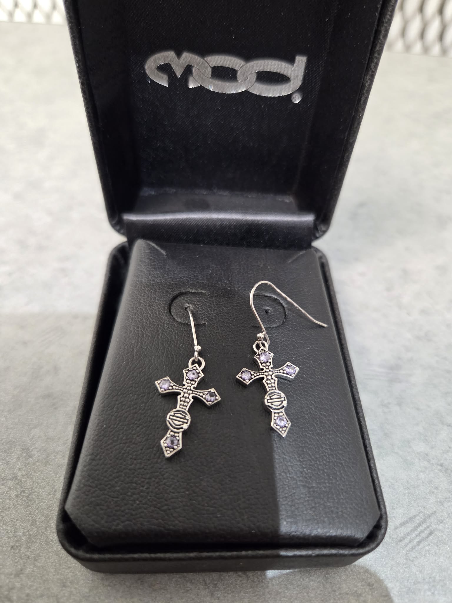 Licensed Product Womens .925 Silver Beaded Cross with Purple Stones Earrings Secondary image