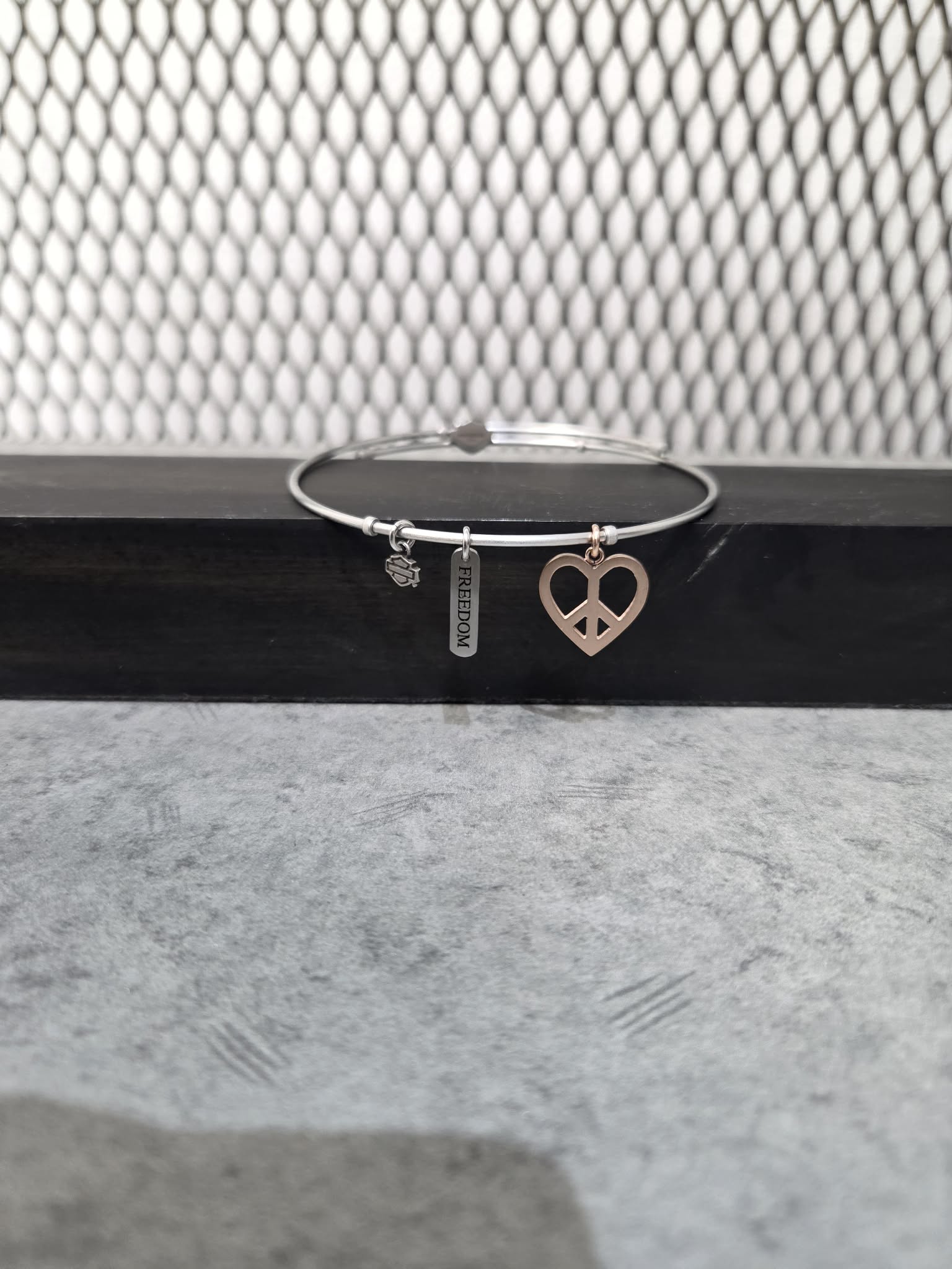 Licensed Product Womens Stainless Steel Peace Heart Charm Bangle Bracelet – Adjustable