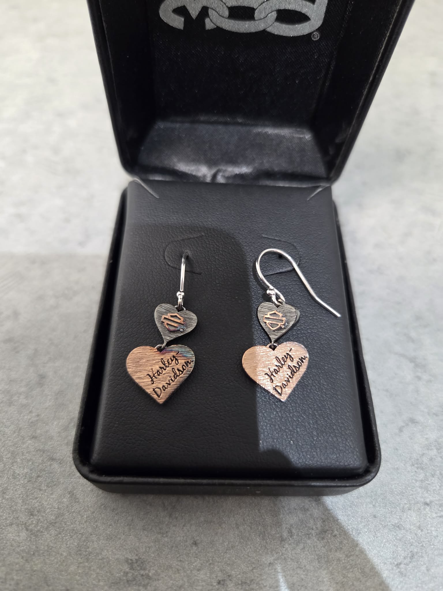 Licensed Product Womens Sterling Silver Pink & Black Double Heart Drop Earrings Secondary image