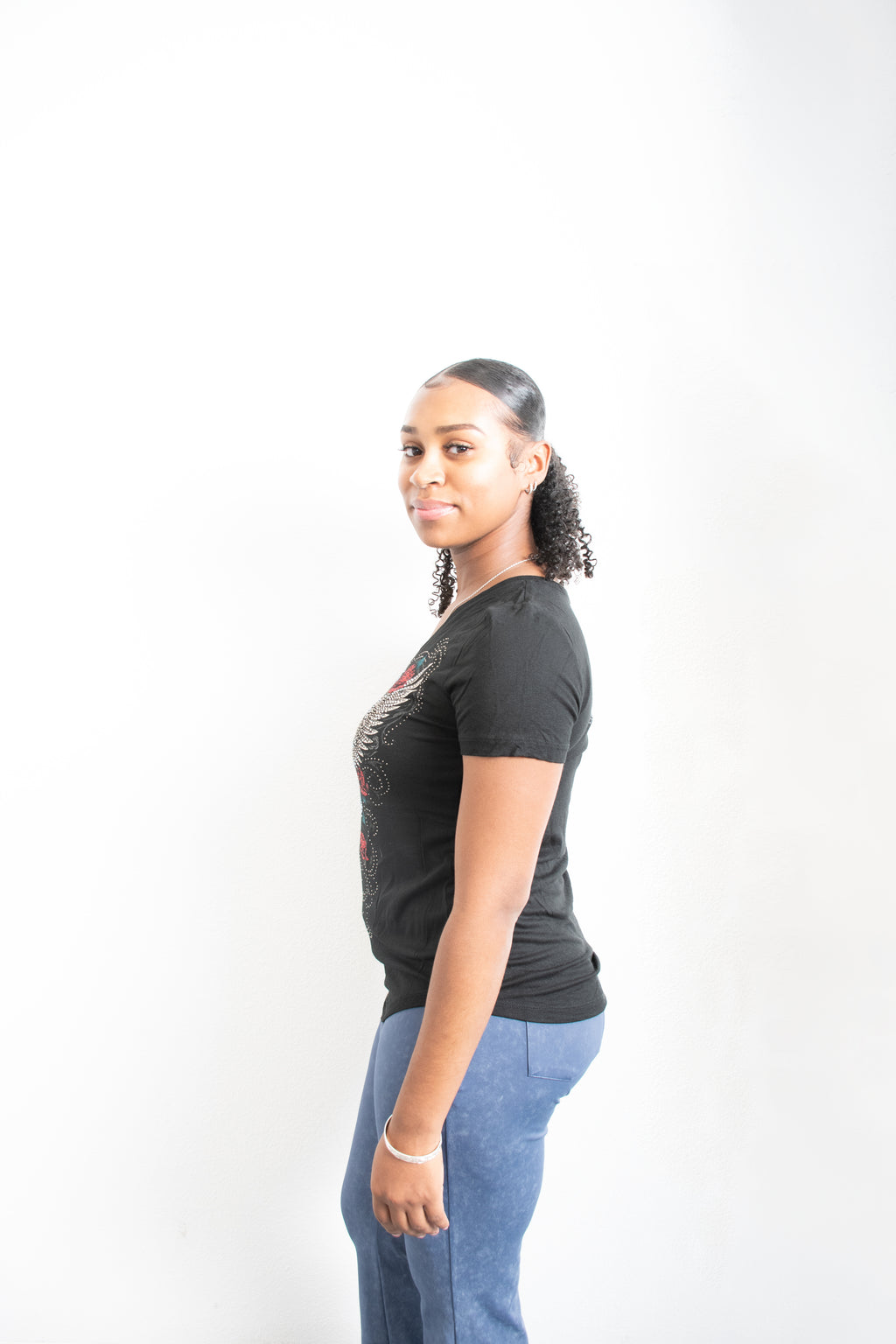 Licensed Product Women's Elaborate Winged Skull V-Neck Black Short Sleeve T-Shirt