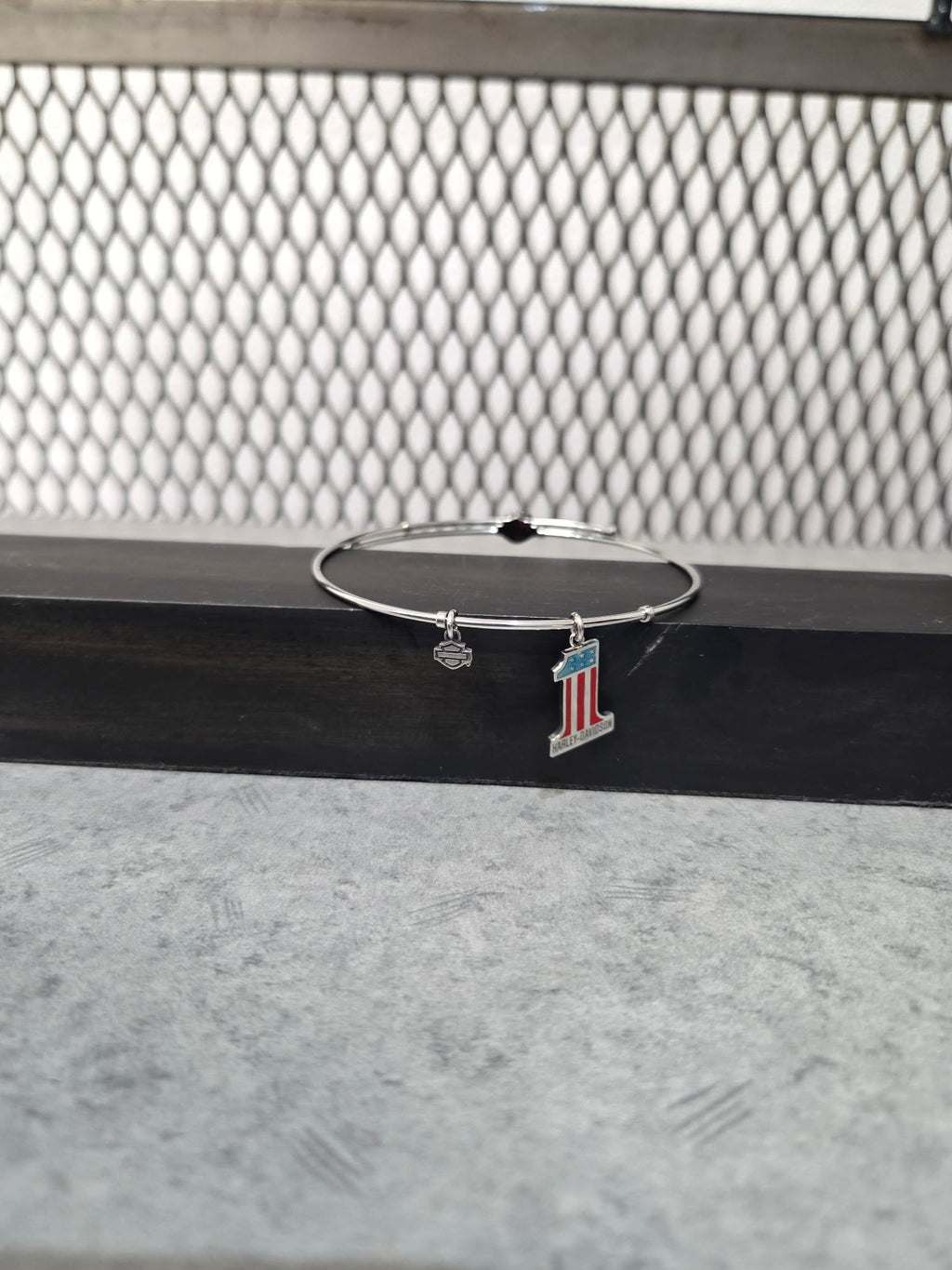 Licensed Product Womens Stainless Steel Red, White & Blue #1 Logo Charm Bangle Bracelet - Adjustable