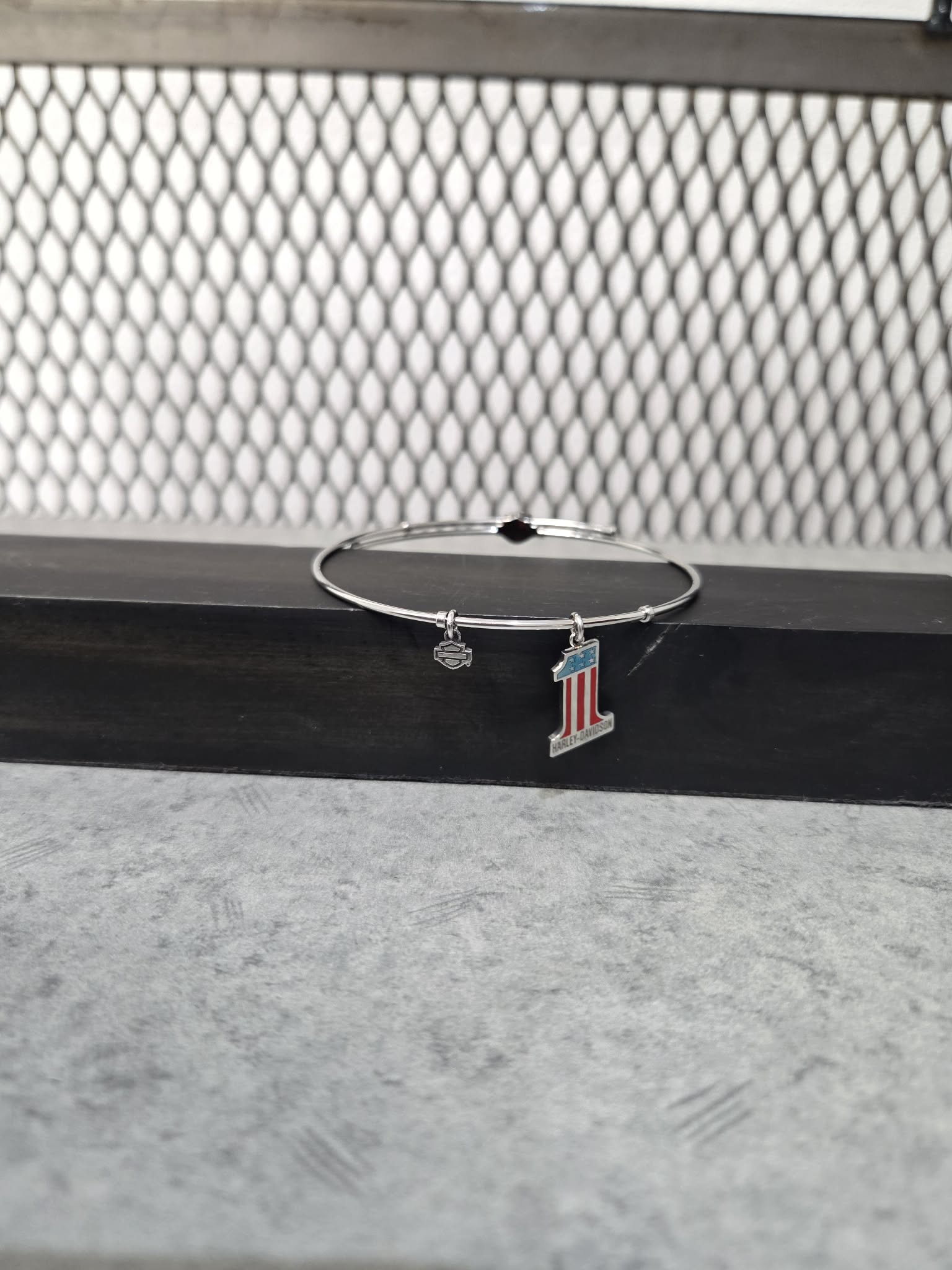 Licensed Product Womens Stainless Steel Red, White & Blue #1 Logo Charm Bangle Bracelet - Adjustable