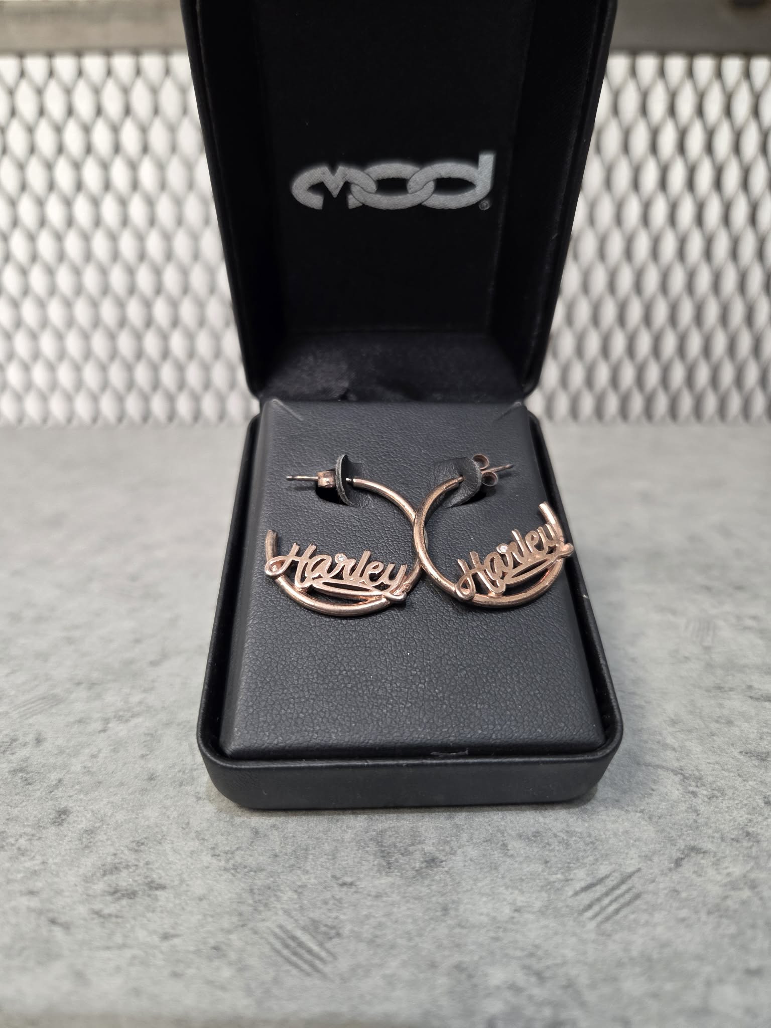 Licensed Product Womens Sterling Silver Rose Gold Cursive Harley Hoop Earrings
