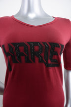Licensed Product Women's Rockin Rhinestones V-Neck Burgundy Half Sleeve T-Shirt