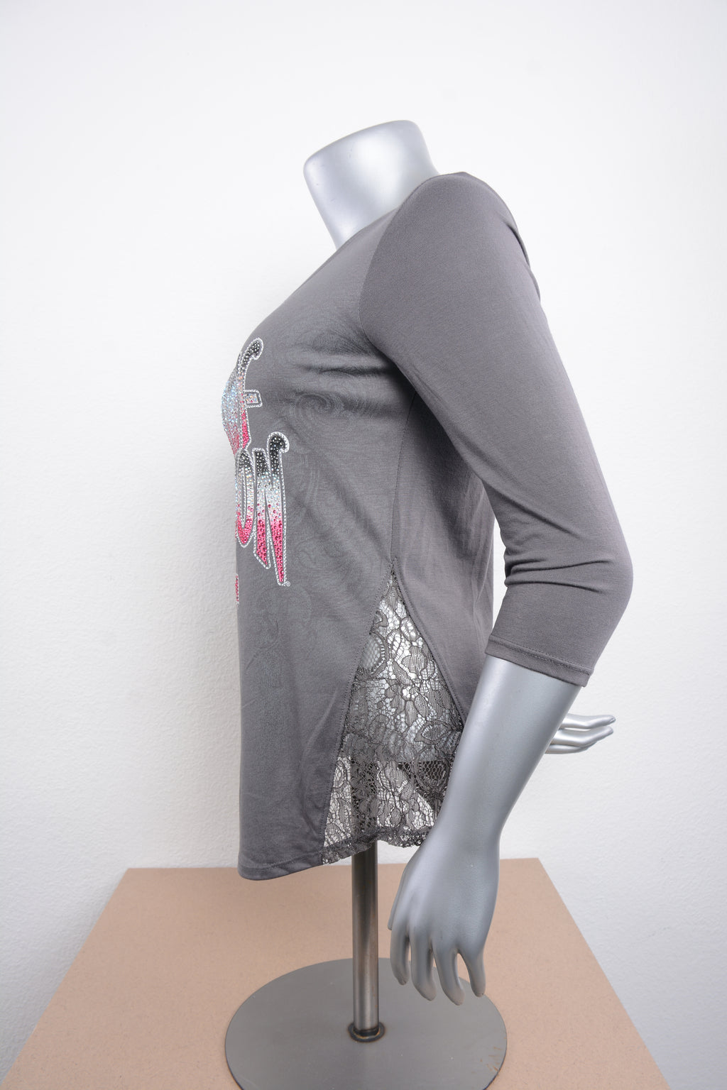 Licensed Product Womens Paradise Side Lace Grey 3/4 Sleeve T-Shirt