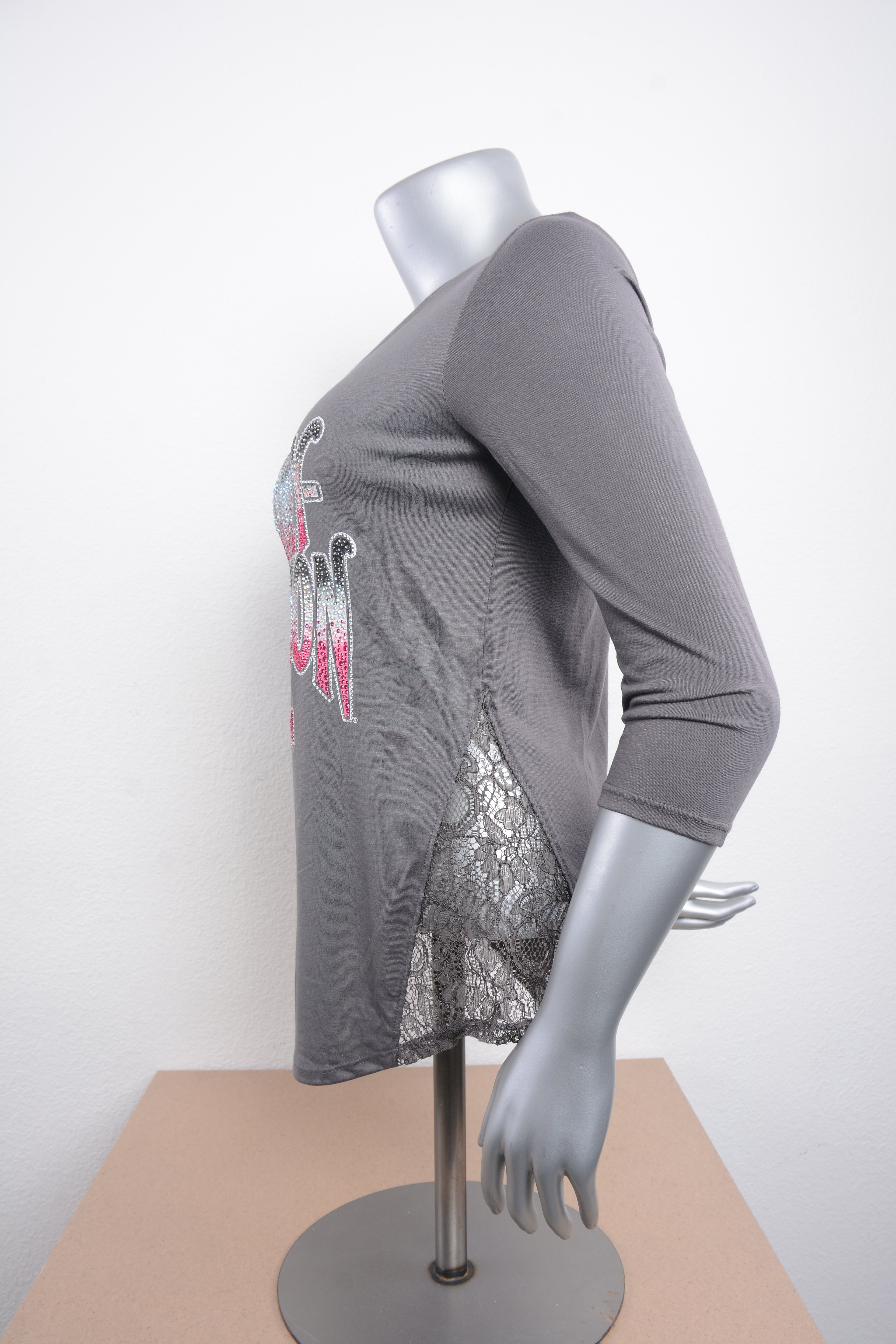 Licensed Product Womens Paradise Side Lace Grey 3/4 Sleeve T-Shirt