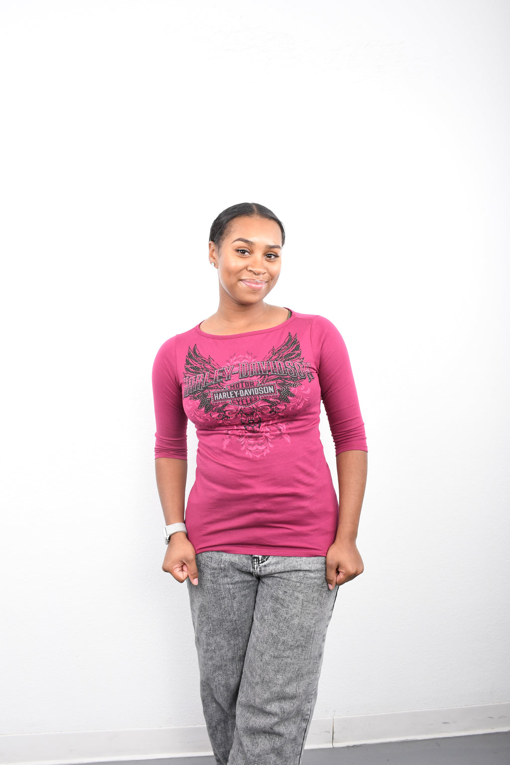 Licensed Product Women's Red Edging Winged Logo Maroon 3/4 Sleeve T-Shirt