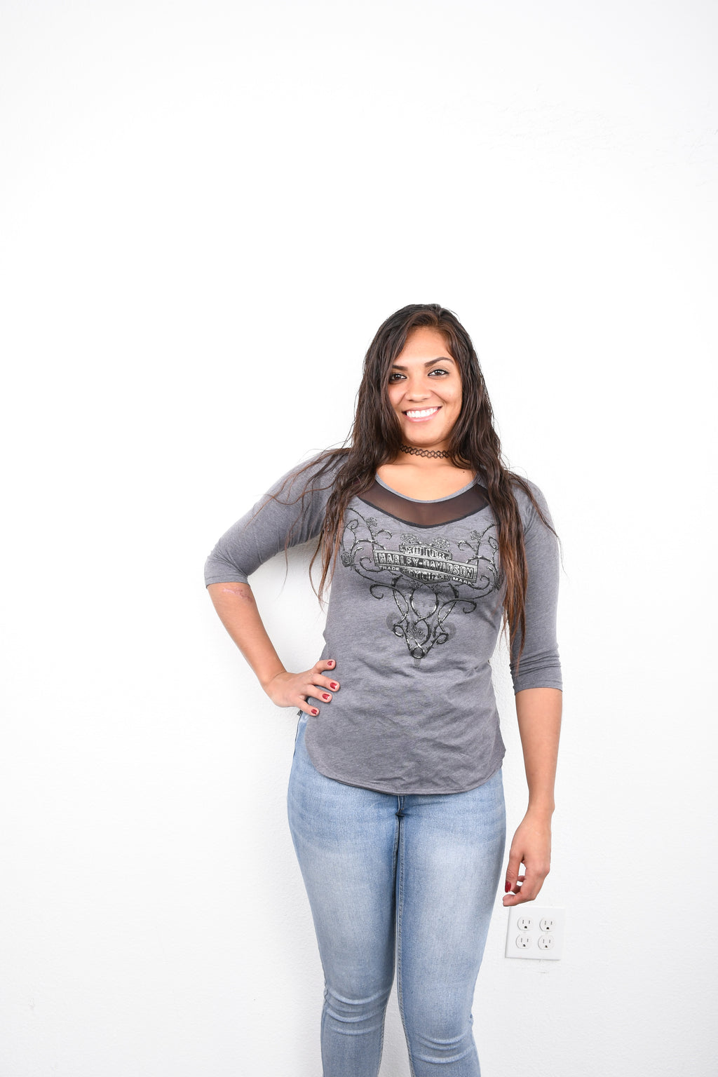 Licensed Product Women's Biker Love Foil Trademark B&S Mesh Charcoal 3/4 Sleeve T-Shirt