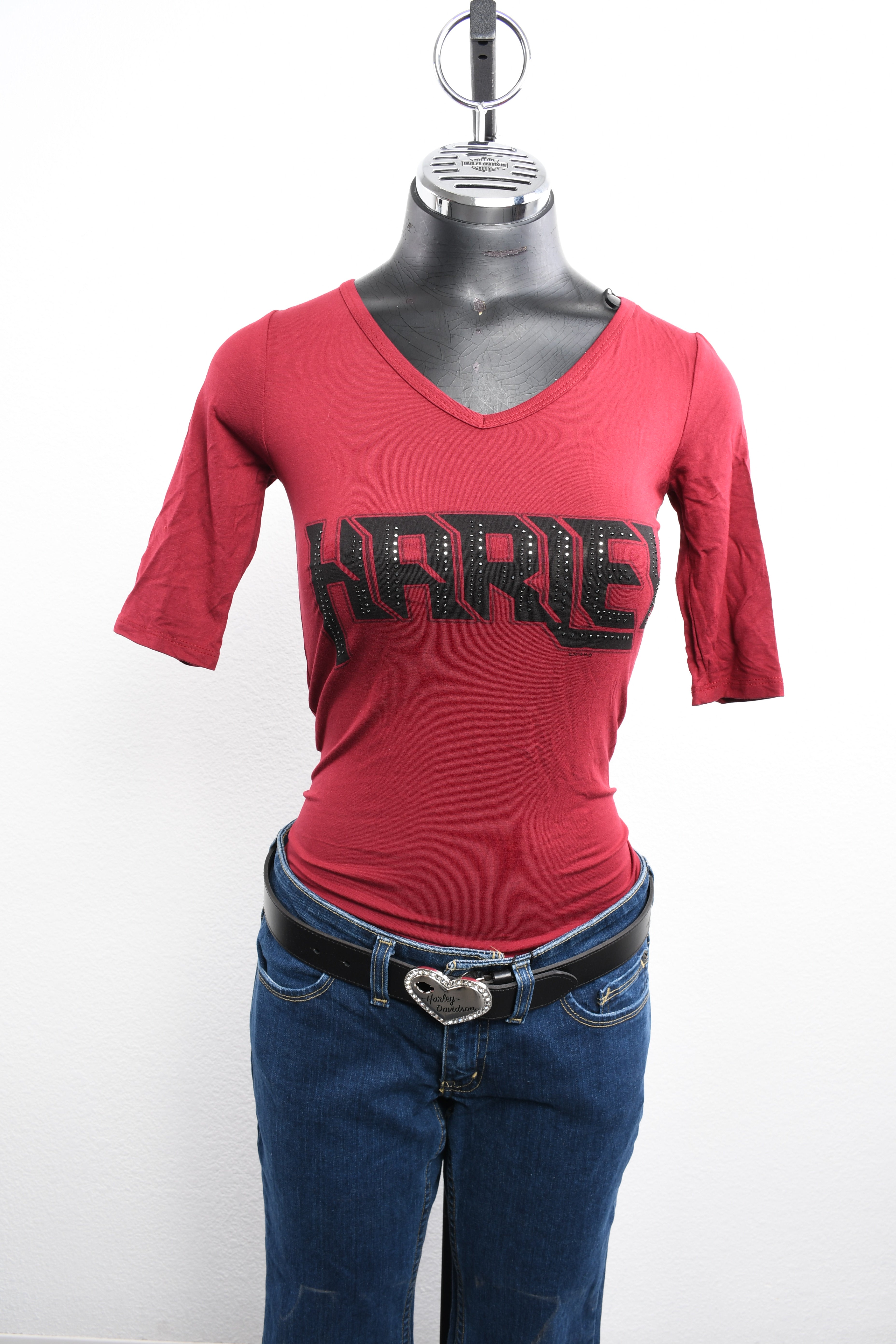 Licensed Product Women's Rockin Rhinestones V-Neck Burgundy Half Sleeve T-Shirt