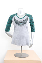 Licensed Product Womens Rep It Winged Willie G Skull V-Neck Grey 3/4 Sleeve T-Shirt