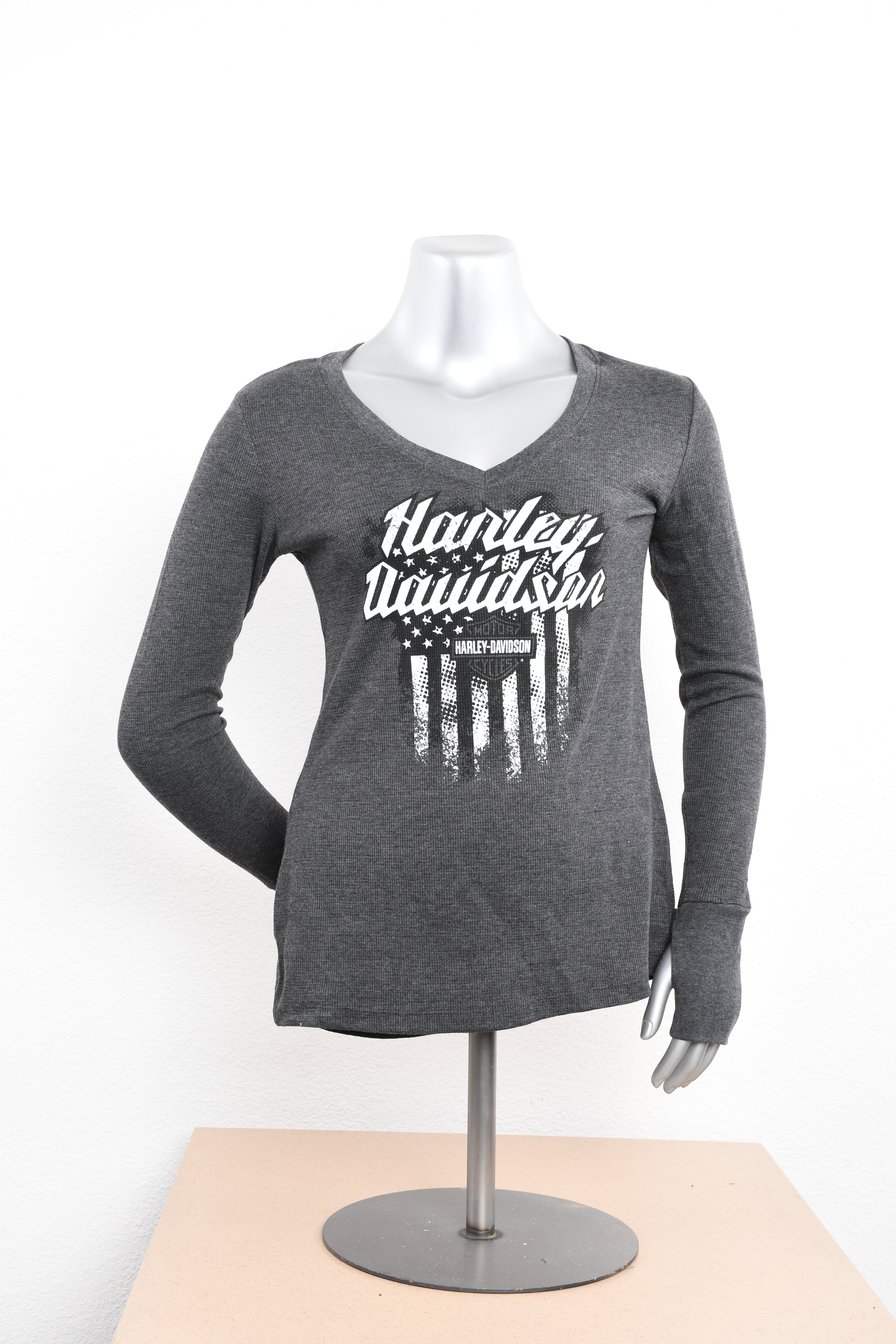 Licensed Product Womens Grunge Patriotic Flag V-Neck Charcoal Long Sleeve Thermal