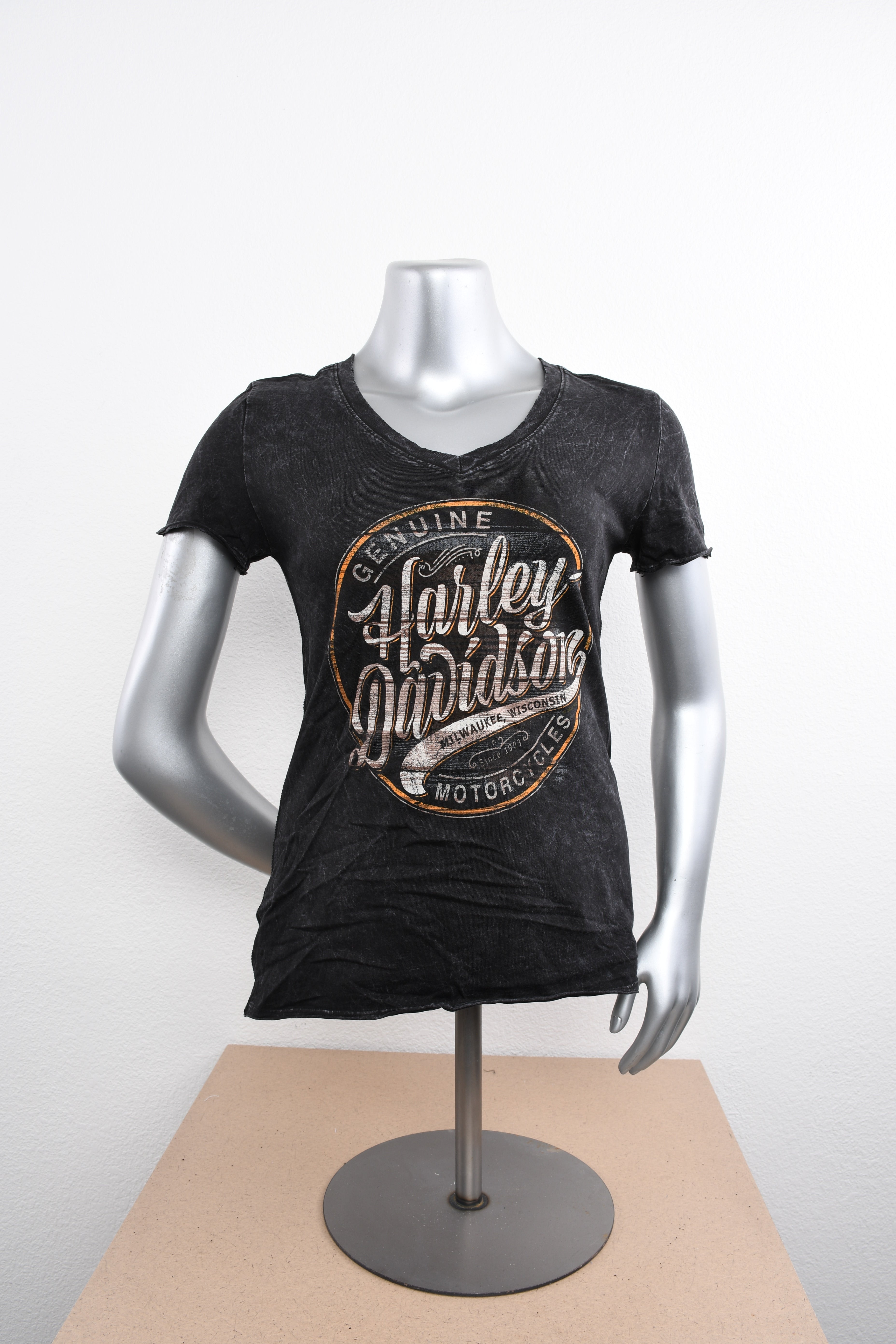 Licensed Product Womens Wooden Label V-Neck Black Short Sleeve T-Shirt