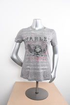 Licensed Product Womens Striped Label Burnout V-Neck Grey Short Sleeve T-Shirt