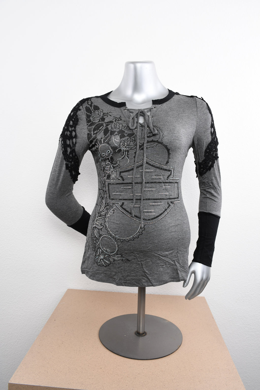 Licensed Product Womens Cascade Lace Accent V-Neck Charcoal Long Sleeve T-Shirt