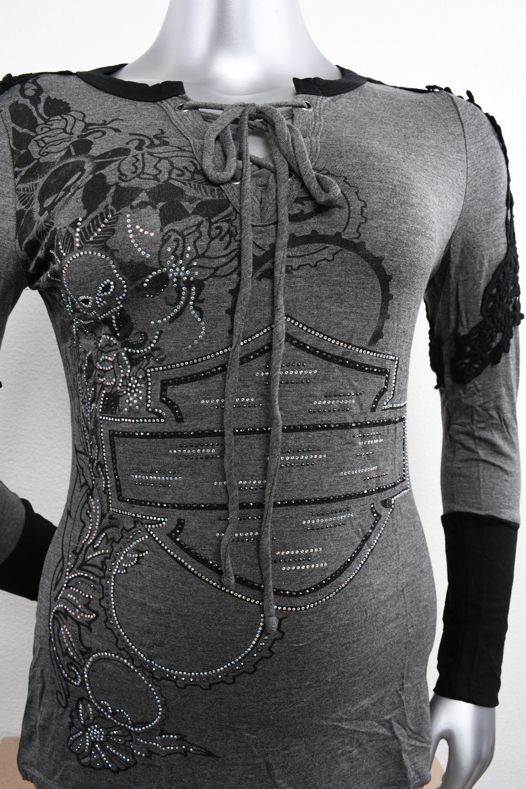 Licensed Product Womens Cascade Lace Accent V-Neck Charcoal Long Sleeve T-Shirt