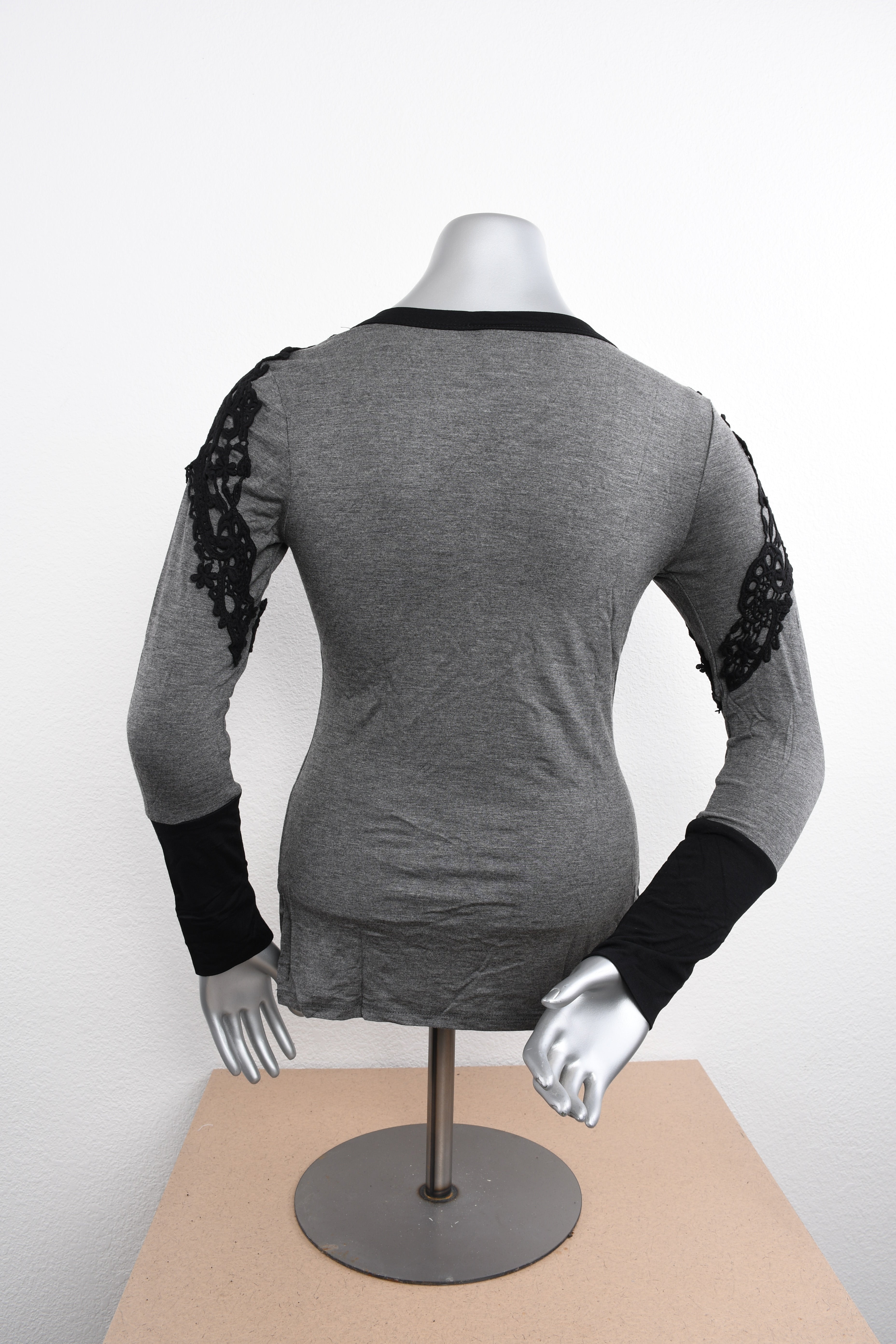 Licensed Product Womens Cascade Lace Accent V-Neck Charcoal Long Sleeve T-Shirt