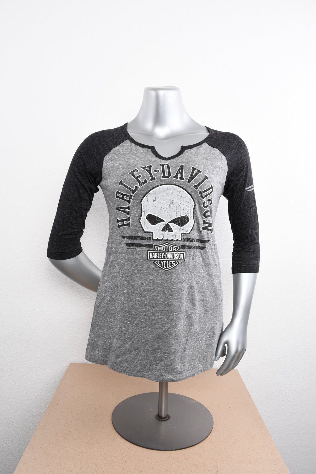 Licensed Product Womens Round Stripes Willie G Skull Grey 3/4 Sleeve T-Shirt