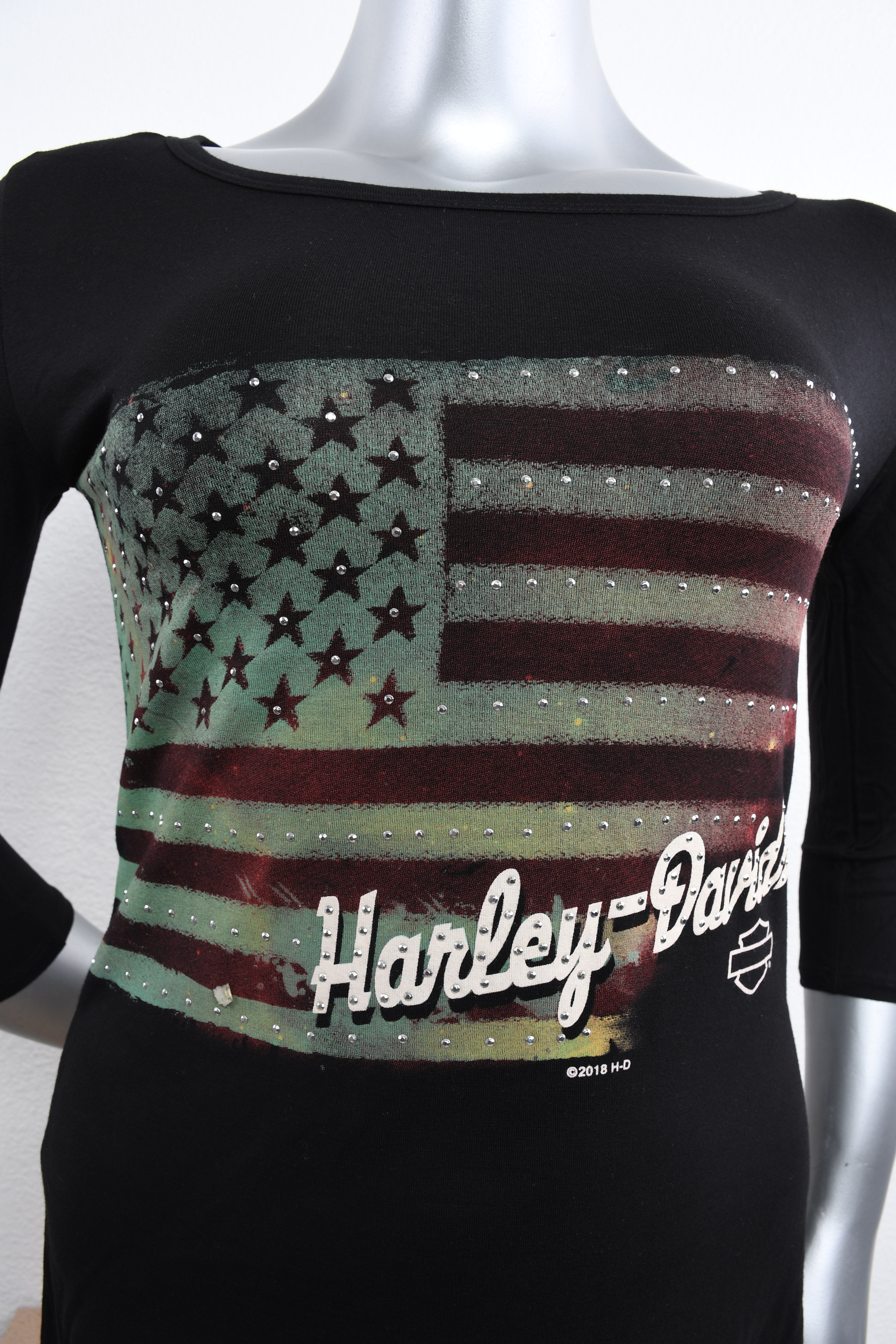 Licensed Product Womens Washed Flag with Studs Black 3/4 Sleeve T-Shirt