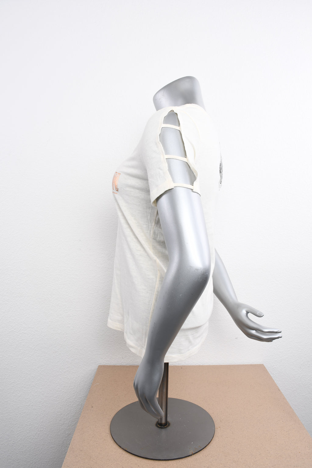 Licensed Product Womens Vintaged Lattice Sleeve V-Neck Ivory Short Sleeve T-Shirt