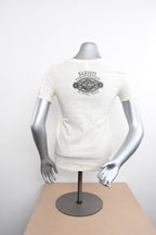 Licensed Product Womens Vintaged Lattice Sleeve V-Neck Ivory Short Sleeve T-Shirt