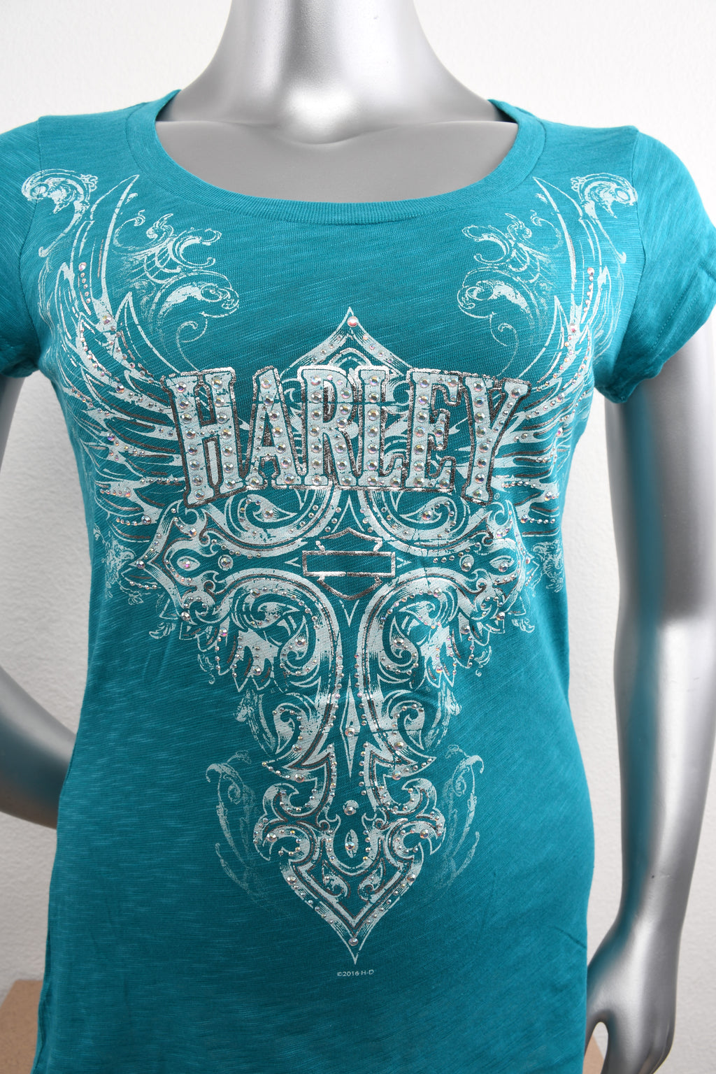 Licensed Product Womens Pizzazz Foil Print with Rhinestones Blue Short Sleeve T-Shirt