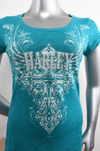 Licensed Product Womens Pizzazz Foil Print with Rhinestones Blue Short Sleeve T-Shirt