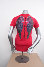 Licensed Product Womens Flutter Rhinestone Wings V-Neck Pink Short Sleeve T-Shirt