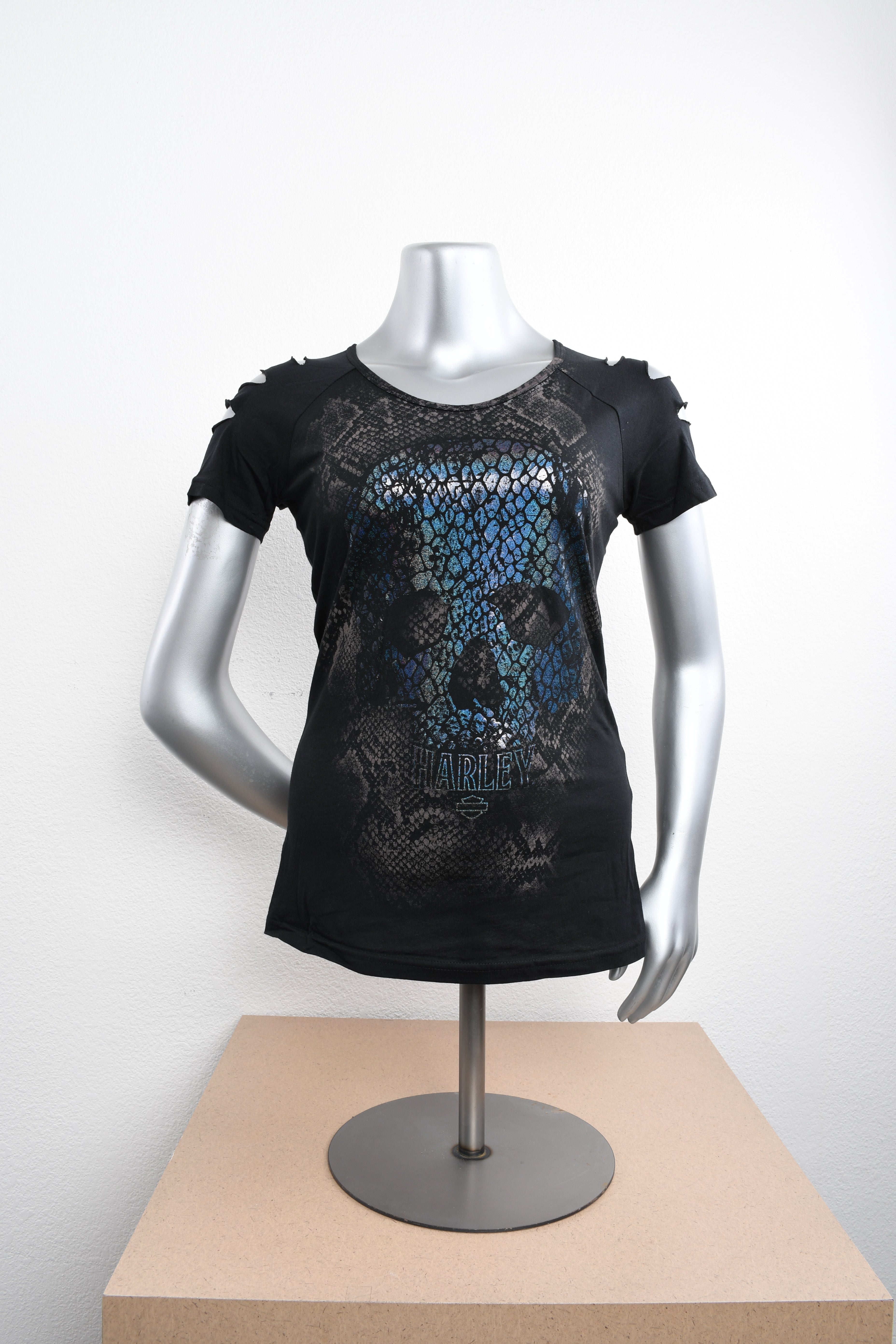 Licensed Product Womens Sleek Skull Foil Print with Laser Cut Detail Black Short Sleeve T-Shirt