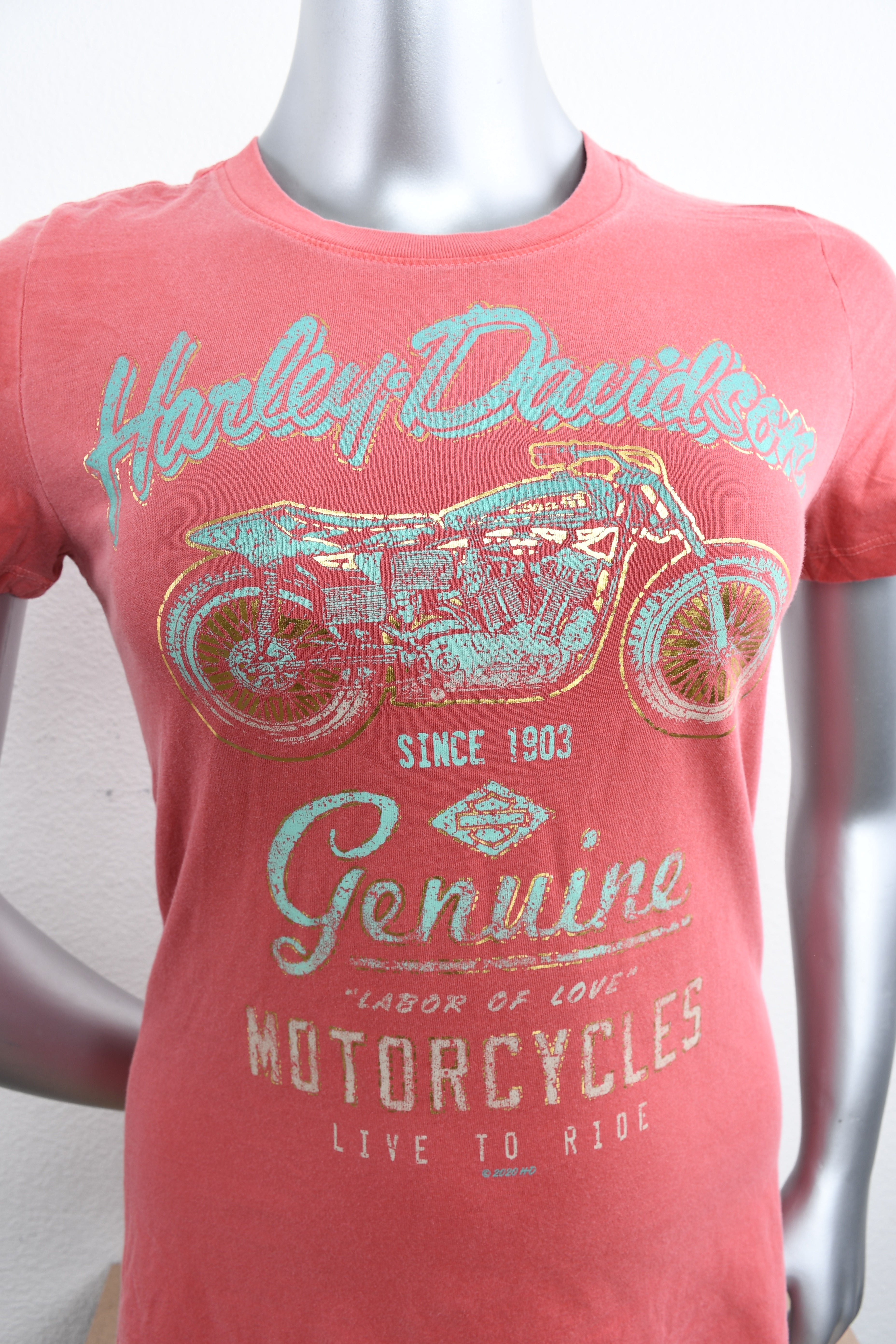 Licensed Product Womens Parched Foil Print Motorcycle Coral Short Sleeve T-Shirt