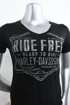 Licensed Product Womens Ride Label V-Neck Black Short Sleeve T-Shirt