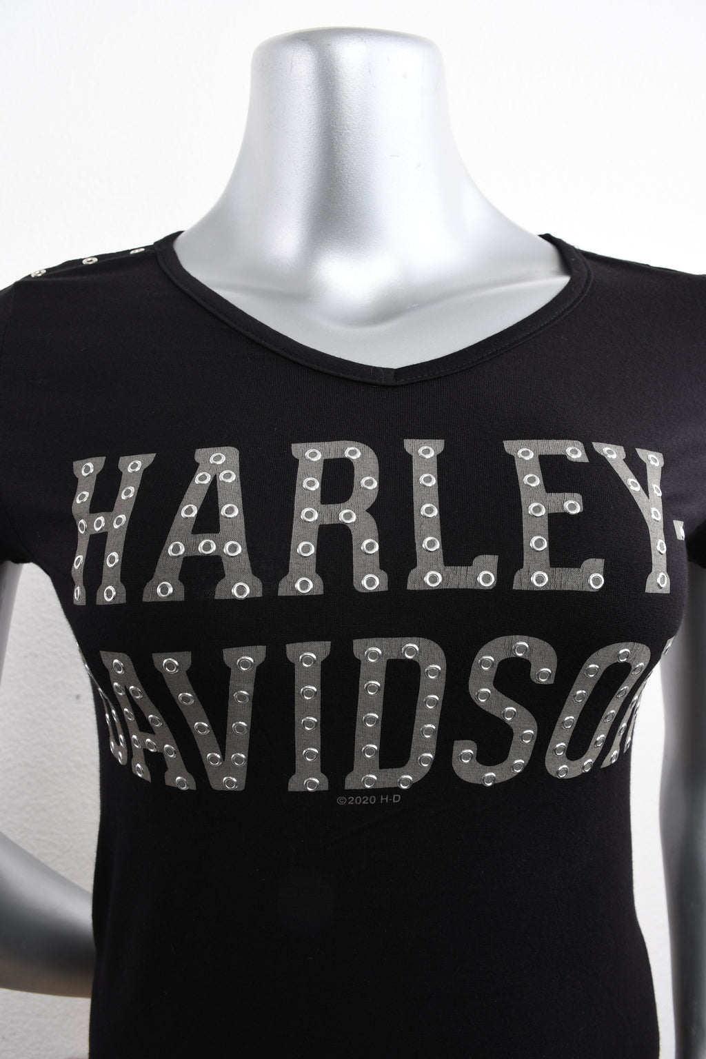 Licensed Product Womens Fasten Grommets V-Neck Black Short Sleeve T-Shirt