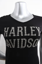 Licensed Product Womens Fasten Grommets V-Neck Black Short Sleeve T-Shirt