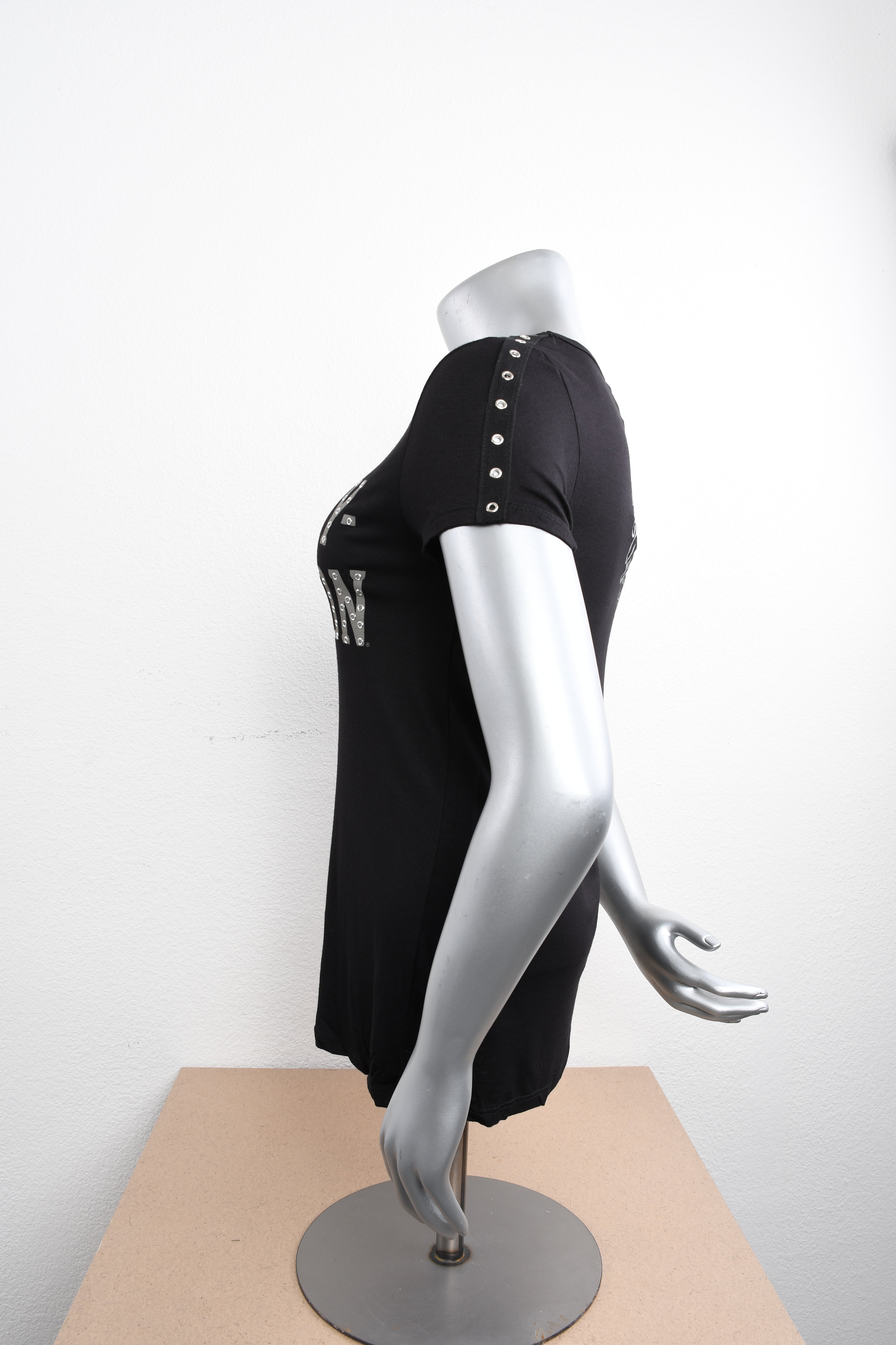 Licensed Product Womens Fasten Grommets V-Neck Black Short Sleeve T-Shirt