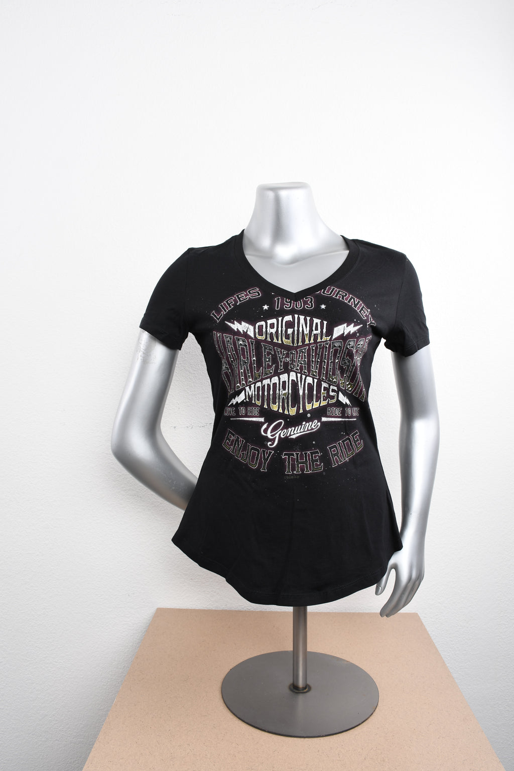 Licensed Product Womens Journey Ride Studded V-Neck Black Short Sleeve T-Shirt