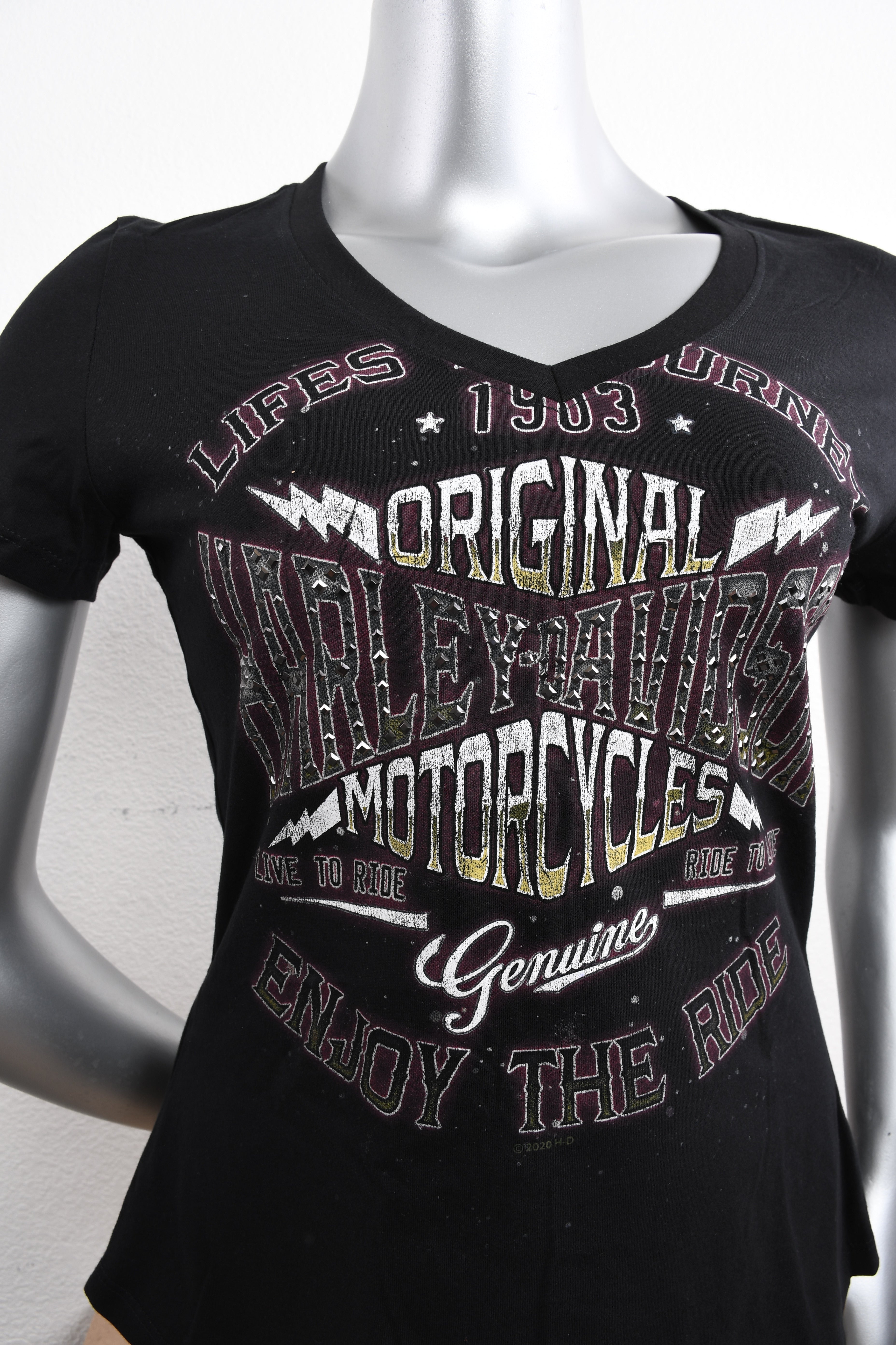 Licensed Product Womens Journey Ride Studded V-Neck Black Short Sleeve T-Shirt