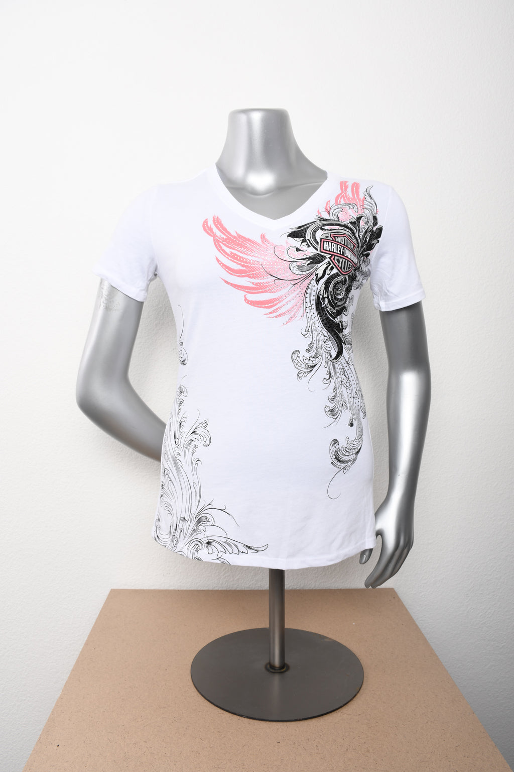 H-D Womens Coral Whisper Foil Print V-Neck White Short Sleeve T-Shirt **