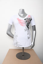 H-D Womens Coral Whisper Foil Print V-Neck White Short Sleeve T-Shirt **
