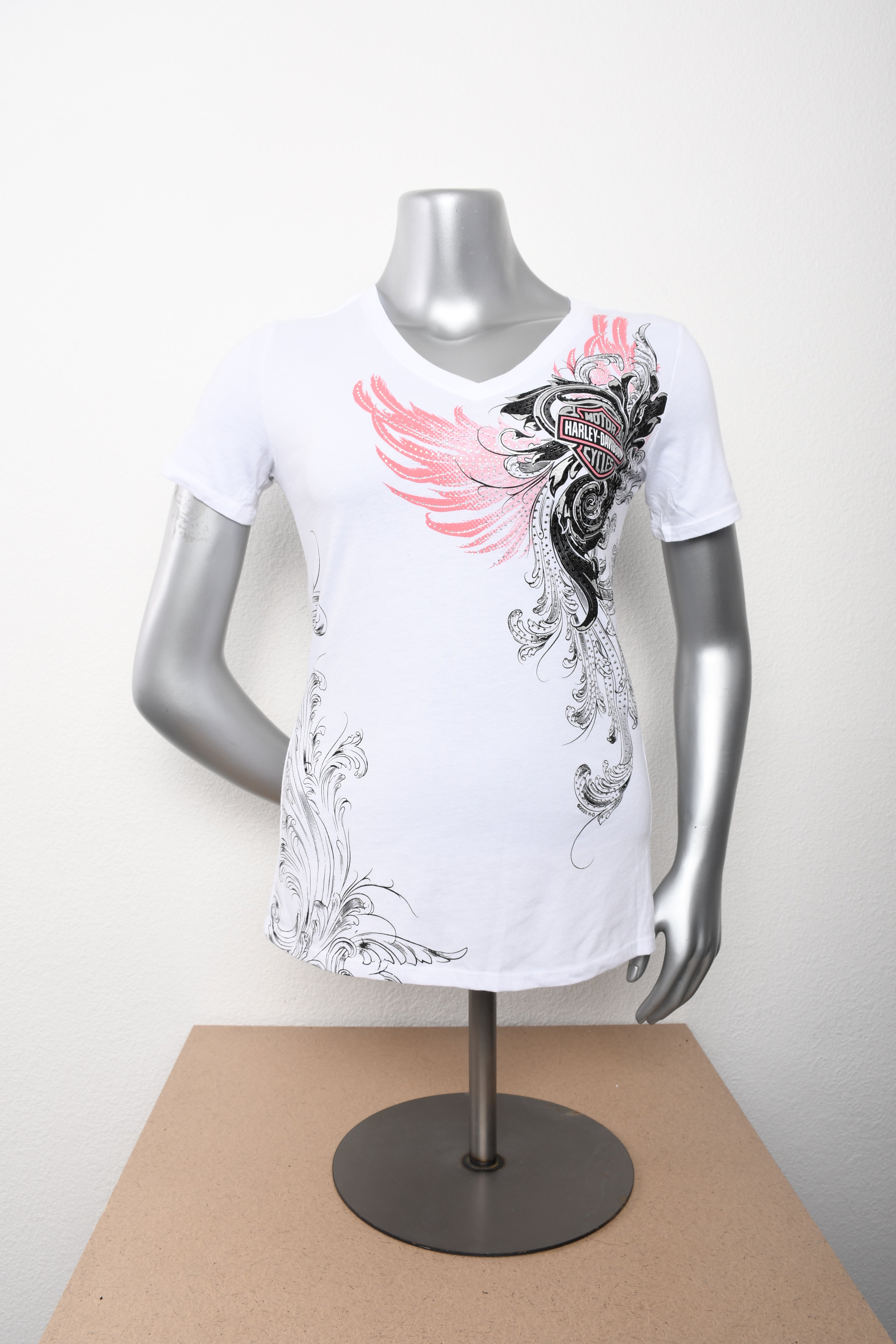 H-D Womens Coral Whisper Foil Print V-Neck White Short Sleeve T-Shirt **