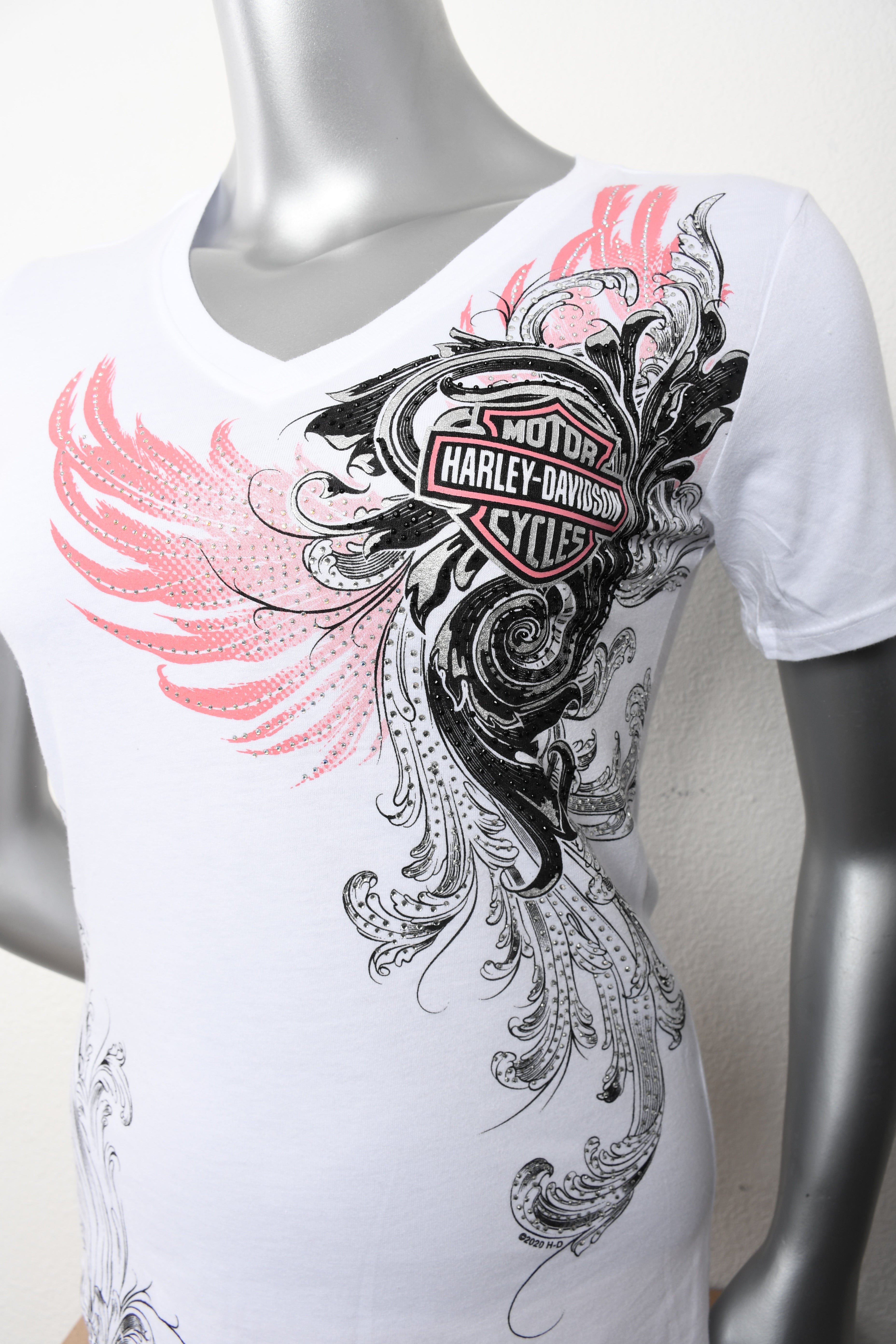H-D Womens Coral Whisper Foil Print V-Neck White Short Sleeve T-Shirt ** Secondary image