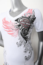 H-D Womens Coral Whisper Foil Print V-Neck White Short Sleeve T-Shirt **