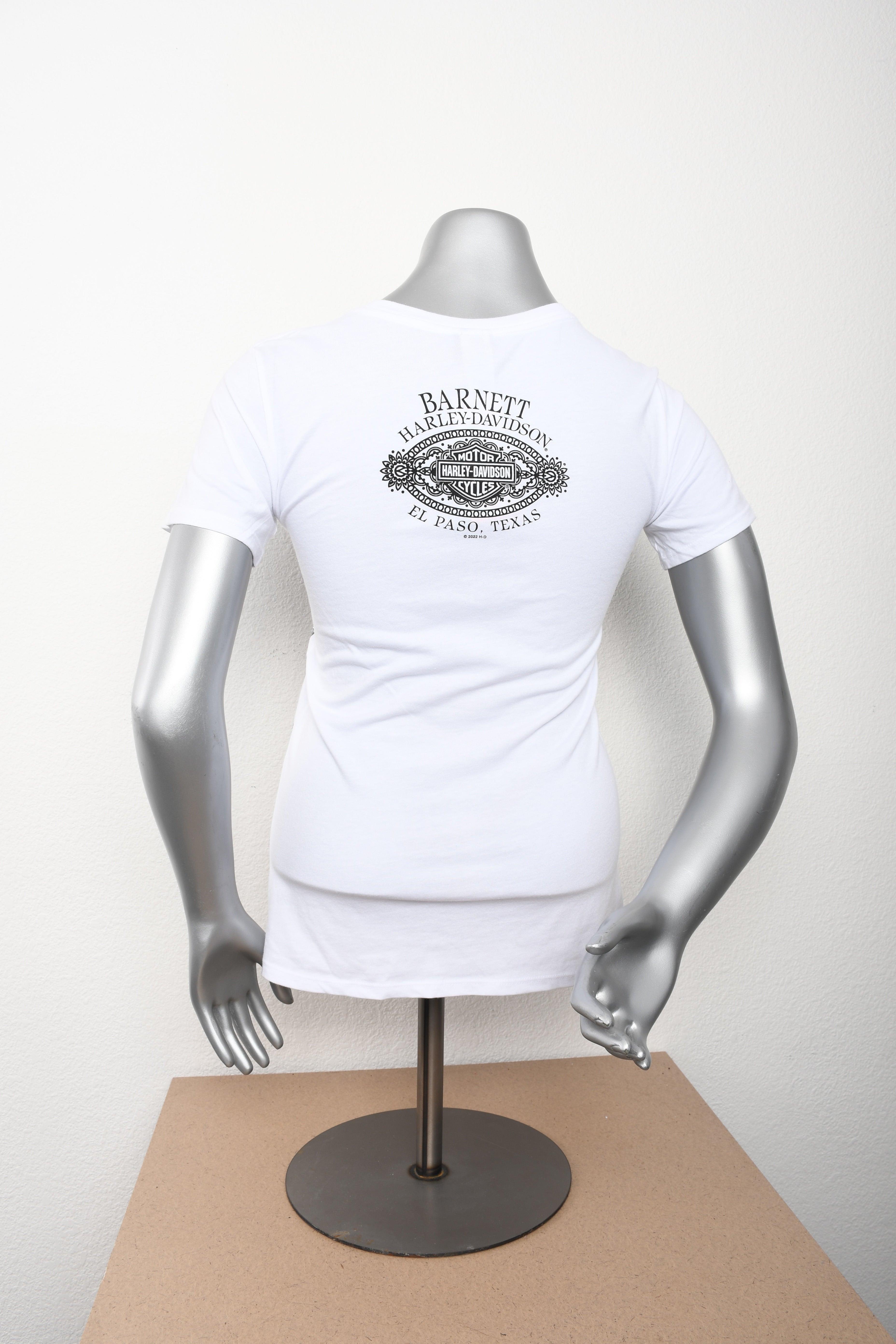 H-D Womens Coral Whisper Foil Print V-Neck White Short Sleeve T-Shirt **