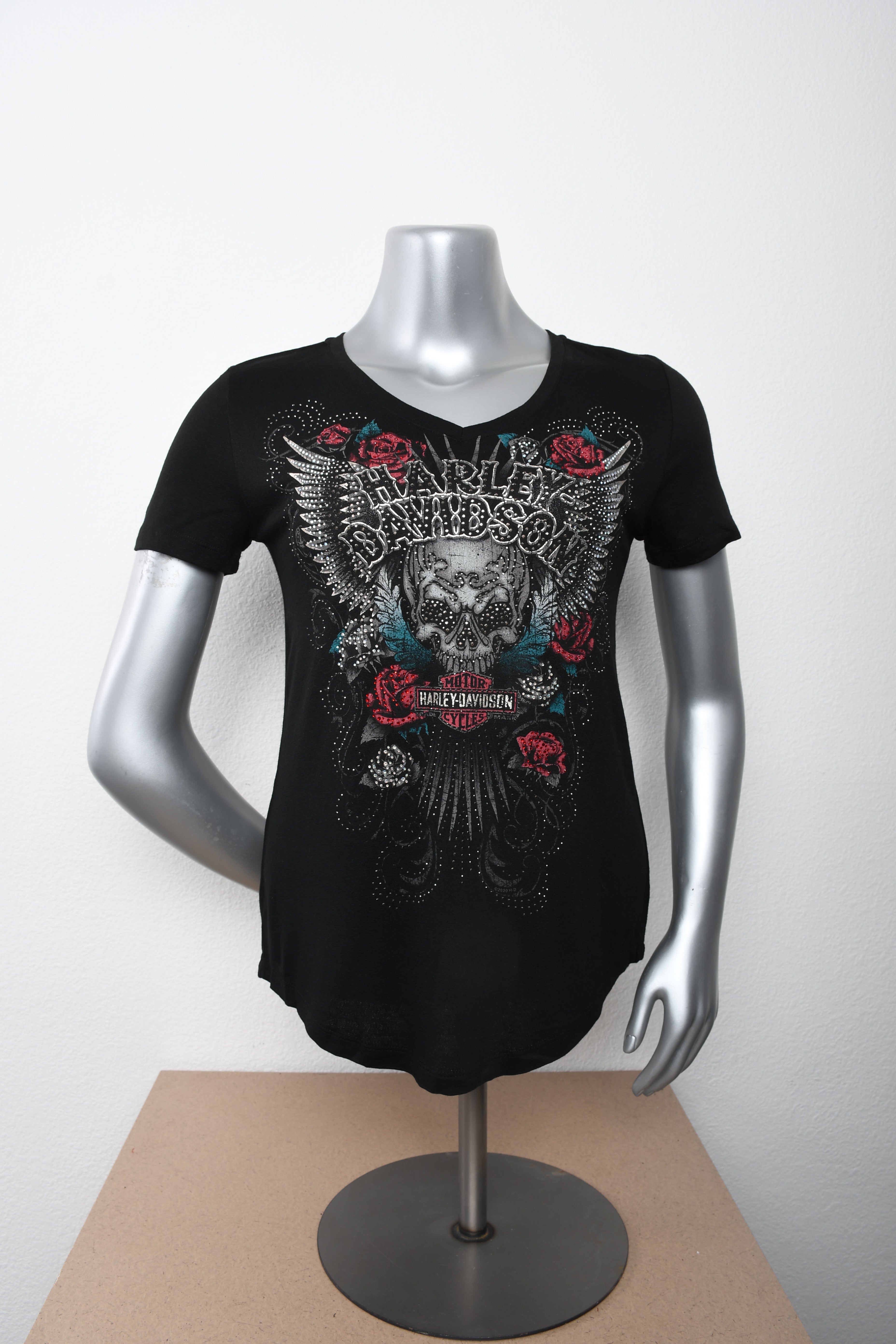 Licensed Product Women's Elaborate Winged Skull V-Neck Black Short Sleeve T-Shirt Main image