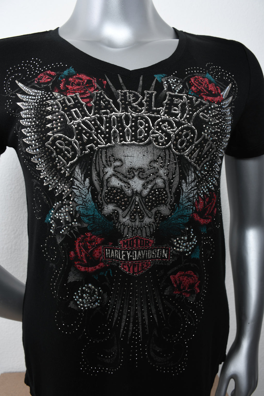 Licensed Product Women's Elaborate Winged Skull V-Neck Black Short Sleeve T-Shirt