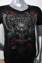 Licensed Product Women's Elaborate Winged Skull V-Neck Black Short Sleeve T-Shirt