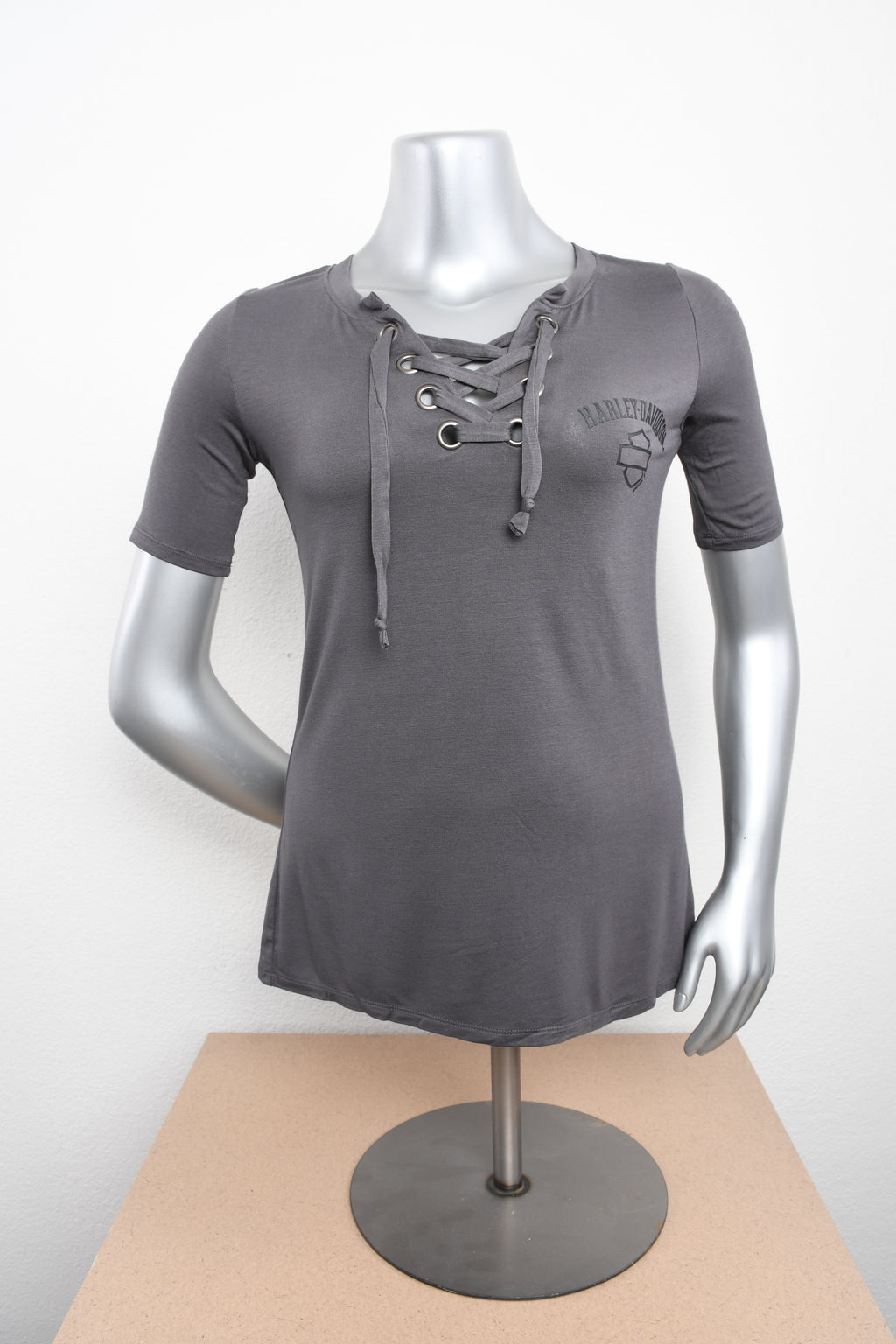 Licensed Product Womens Raised Grommet Laced Grey Half Sleeve T-Shirt