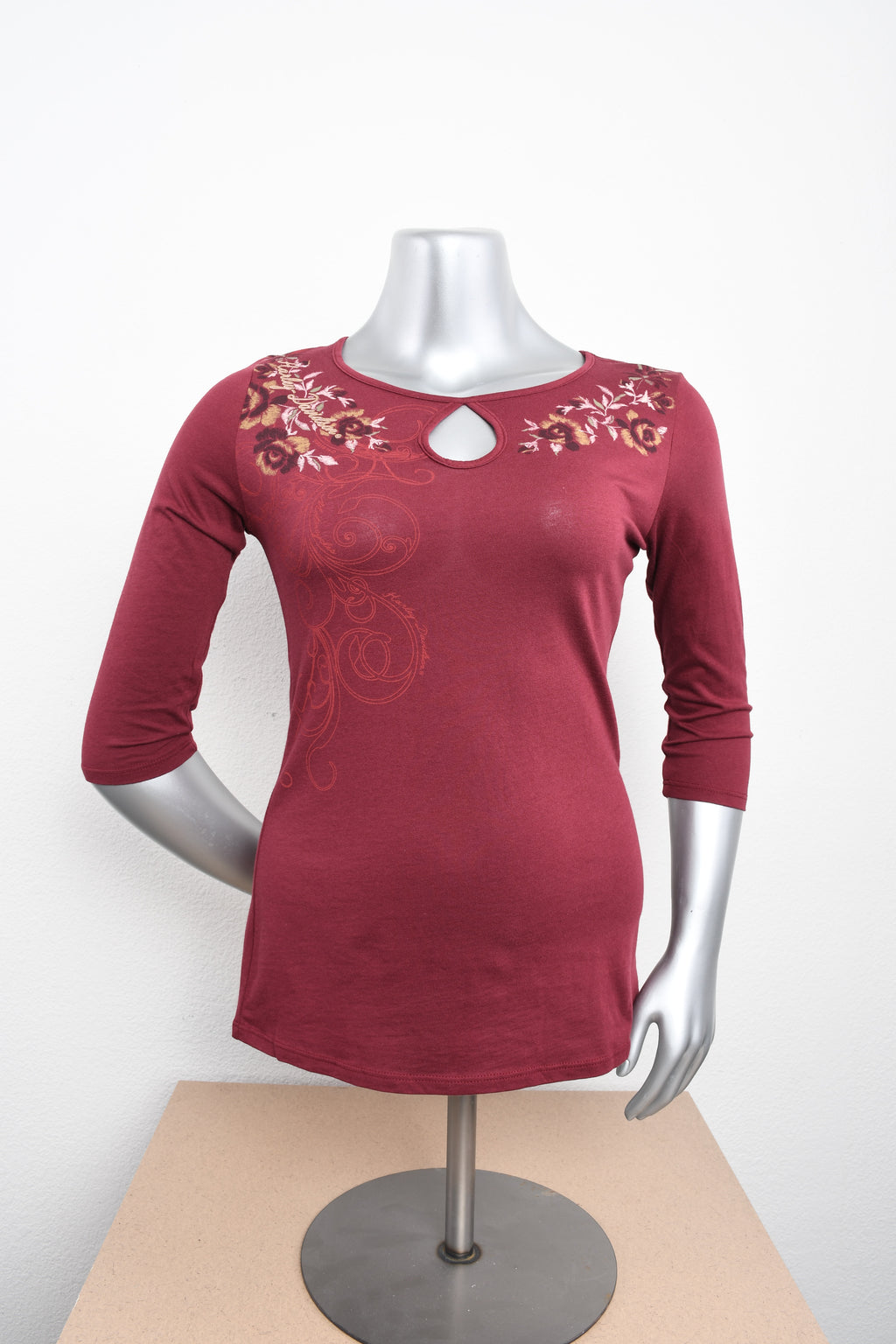 Licensed Product Womens Thriving Foil Print Keyhole Neck Burgundy 3/4 Sleeve T-Shirt
