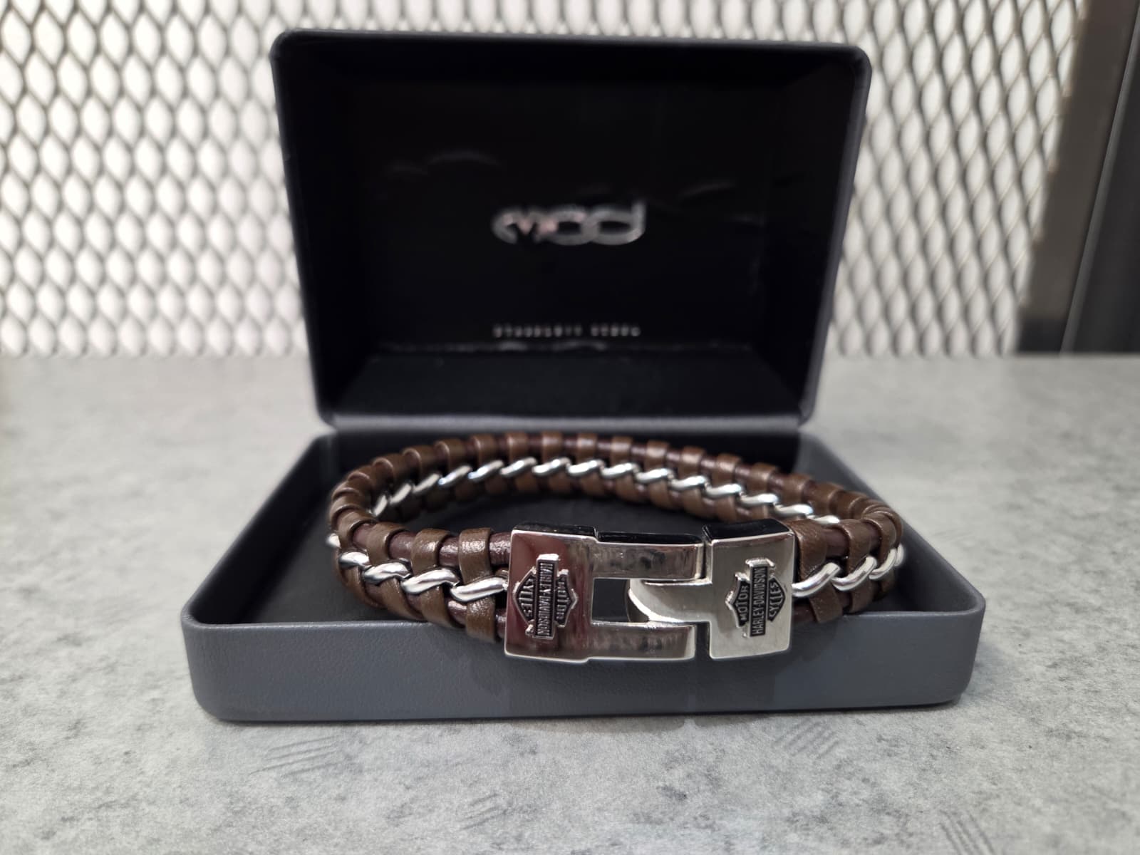 Licensed Product Mens Steel Curb Link Brown Leather Bracelet