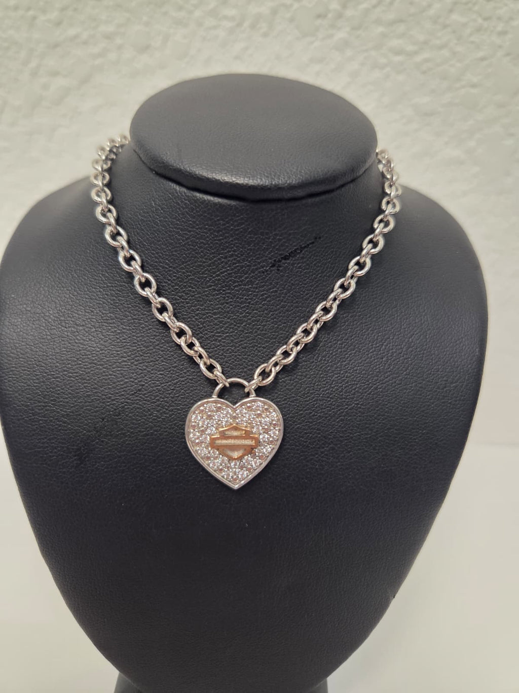 Licensed Product Womens Sterling Silver Bling Heart with Rose Gold B&S Necklace - 16" Adjustable