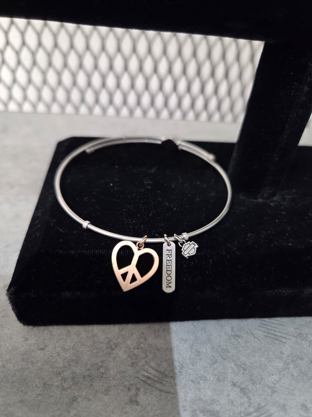 Licensed Product Womens Stainless Steel Peace Heart Charm Bangle Bracelet – Adjustable