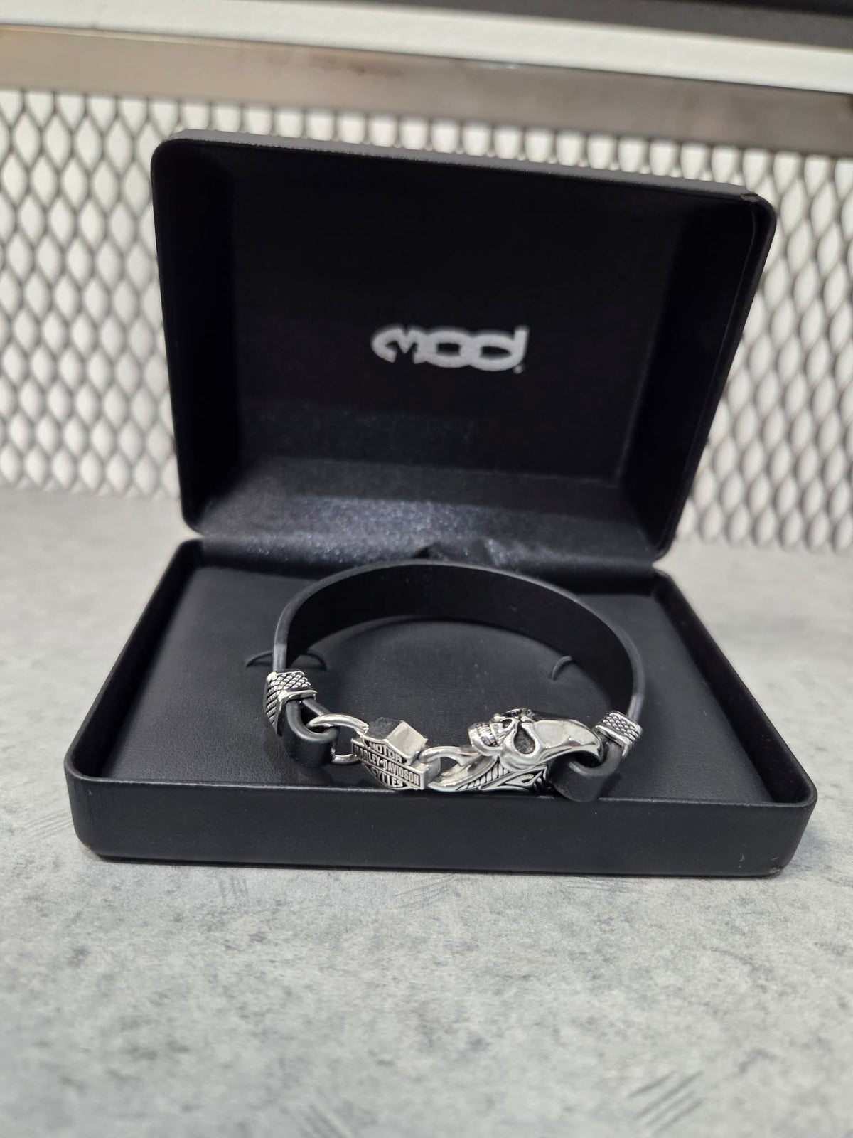 Licensed Product Mens Sterling Silver Wicked Skull Leather Bracelet Main image
